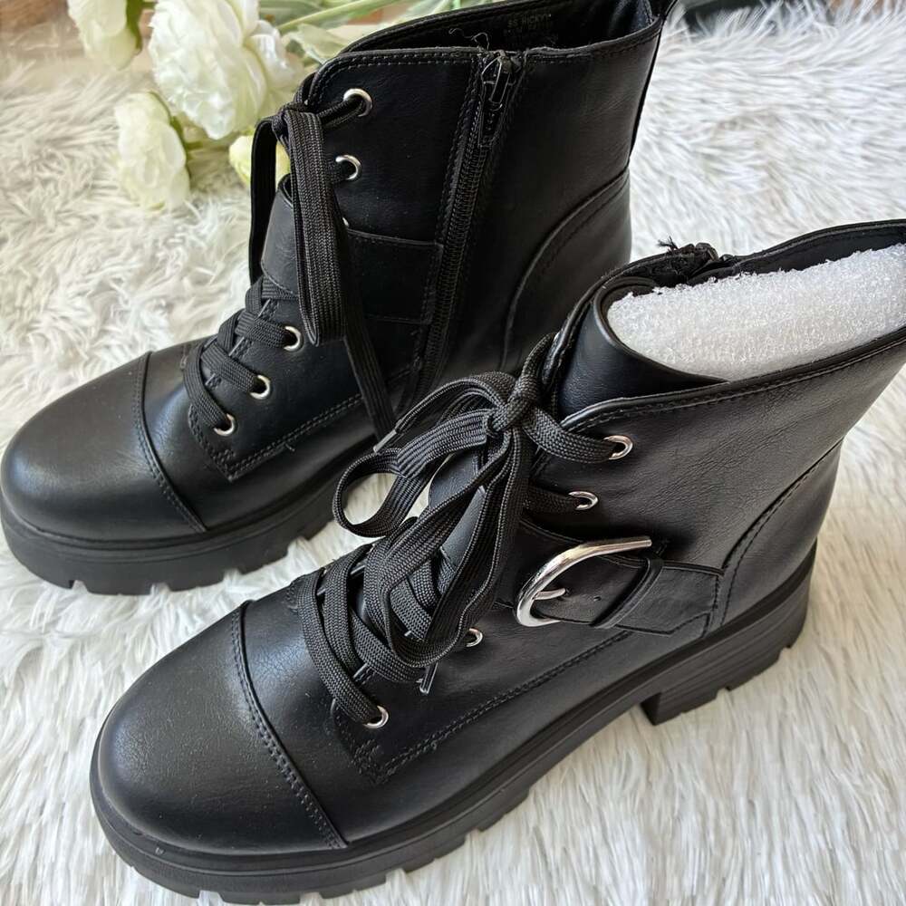 Sun + Stone Ricky Women’s Combat Boots Lug Sole Buckle Size 8.5 Black